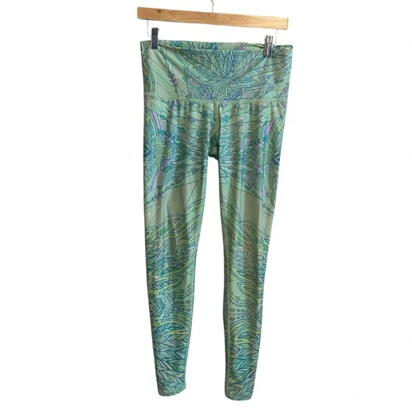 Teeki Blue Green Mid Rise Envision Angel Eyes Feather Yoga Leggings Size Medium - Picture 2 of 7